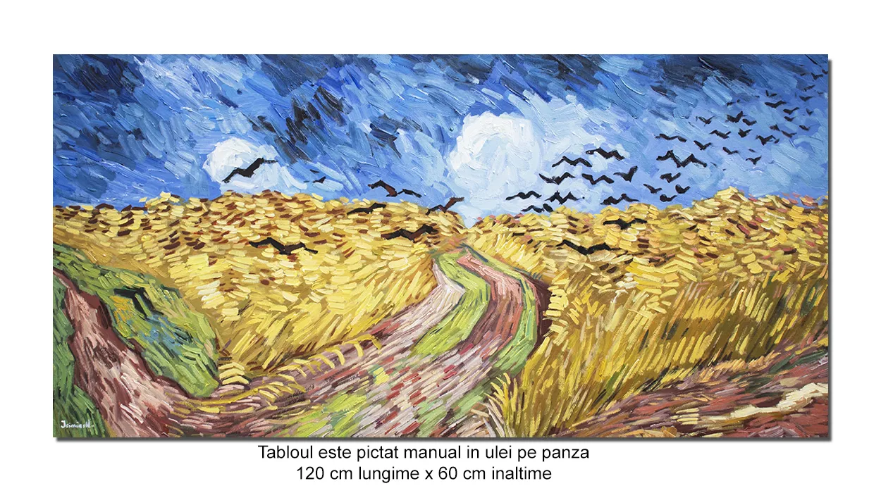 Tablou pictat manual living, Lan de grÃ¢u cu corbi - 120x60cm ulei pe panza, repro Vincent van Gogh