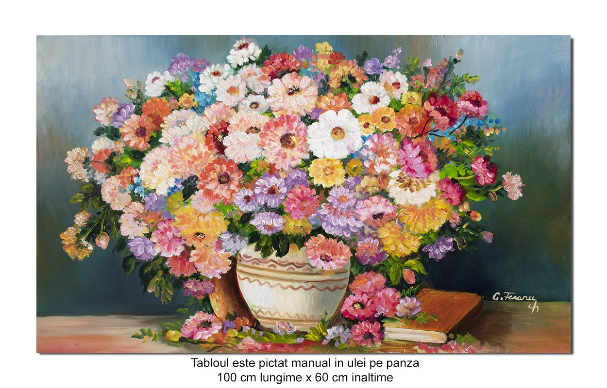 Tablou pictat manual living, dormitor - Bucuria florilor - 100x60cm ulei pe panza, MAGISTRAL!