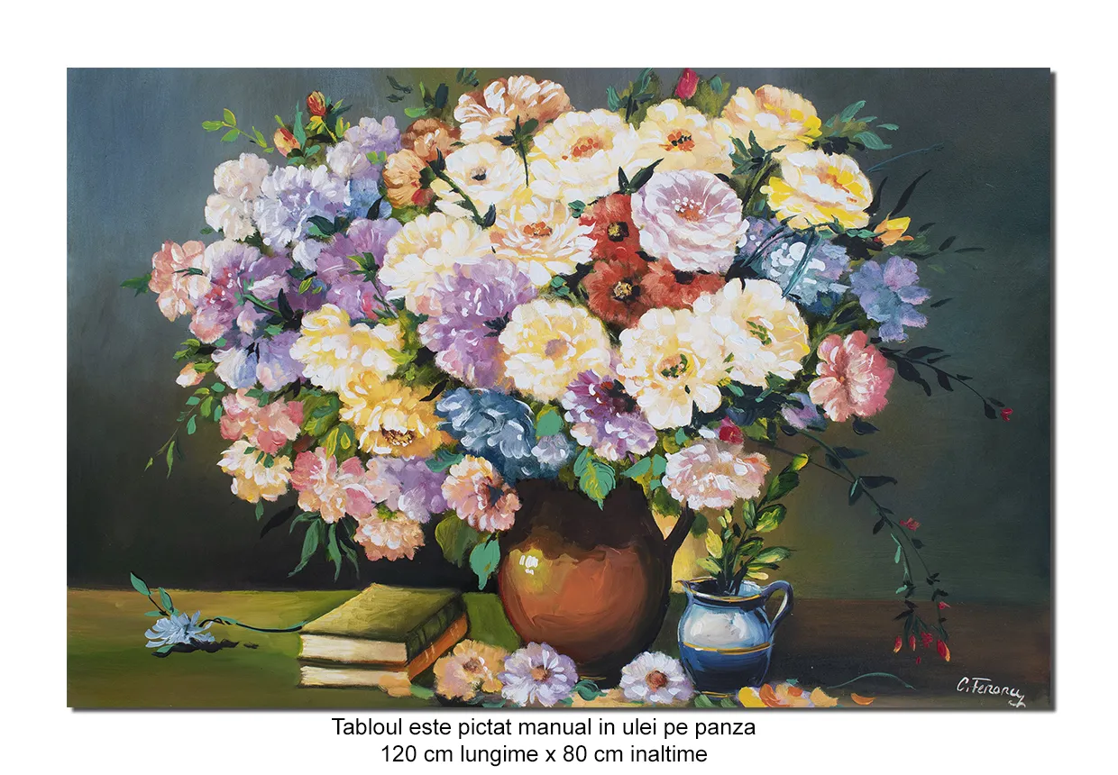 Tablou pictat manual gigant living, dormitor - Poezia florilor (2) - 120x80cm ulei pe panza, FABULOS!