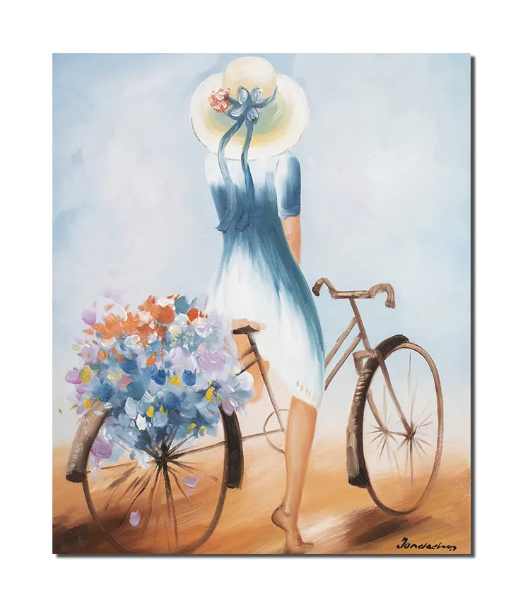 Tablou pictat manual - Domnisoara cu bicicleta 60x50cm ulei pe panza, Fabulos!