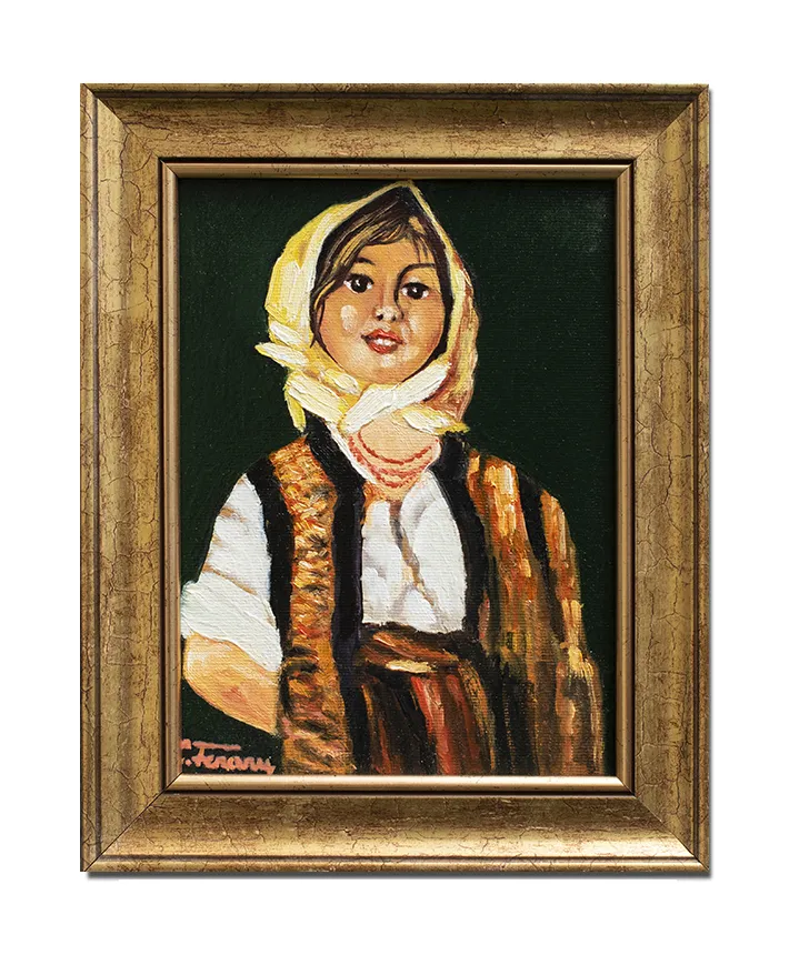 Tablou pictat manual inramat - Tarancuta cu basma galbena (2) - 30x23cm ulei panza, reproducere Nicolae Grigorescu