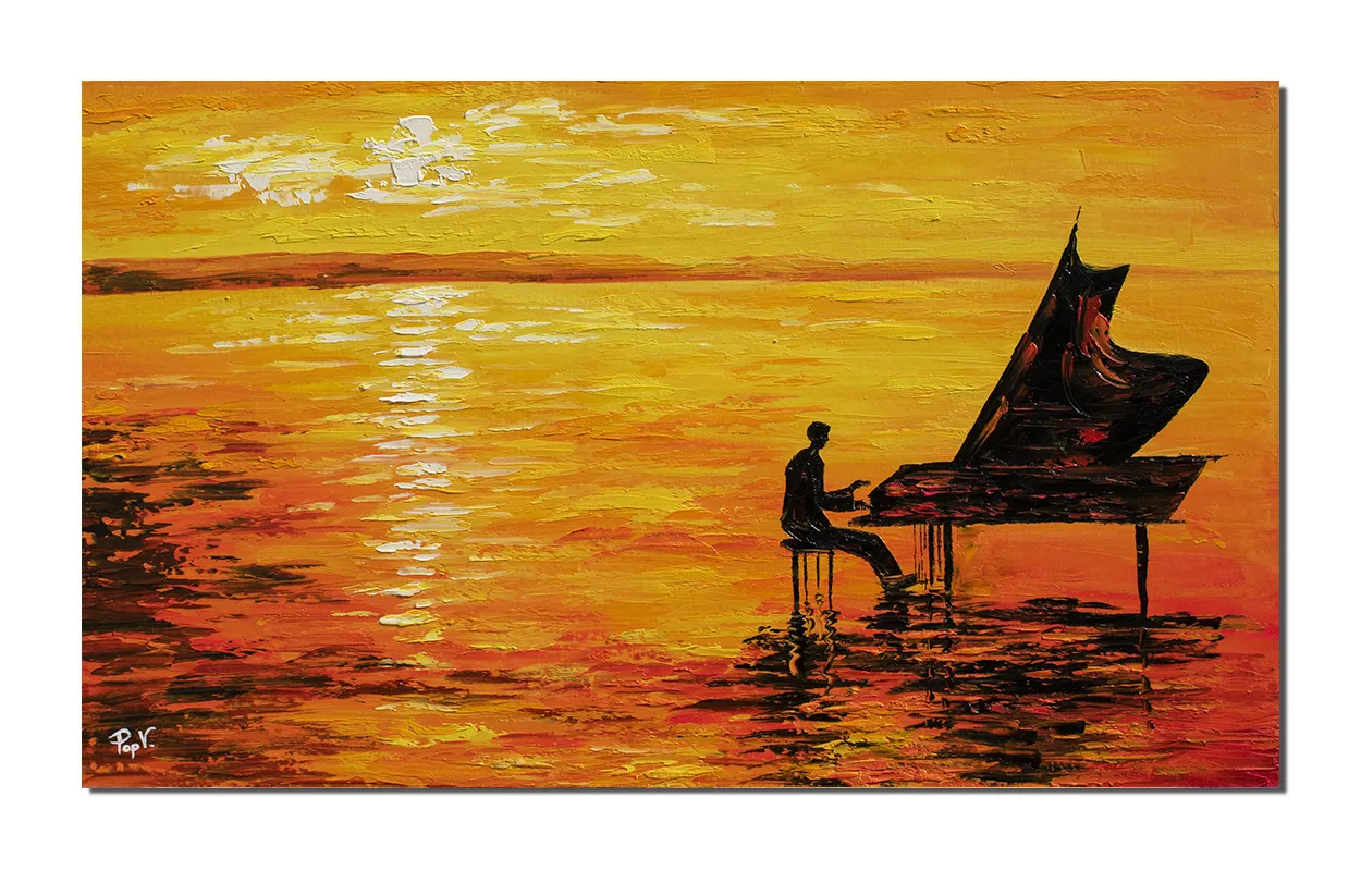 Tablou pictat manual - Pianistul, stilizat - 100x60cm ulei pe panza in cutit efect 3D, Spectaculos