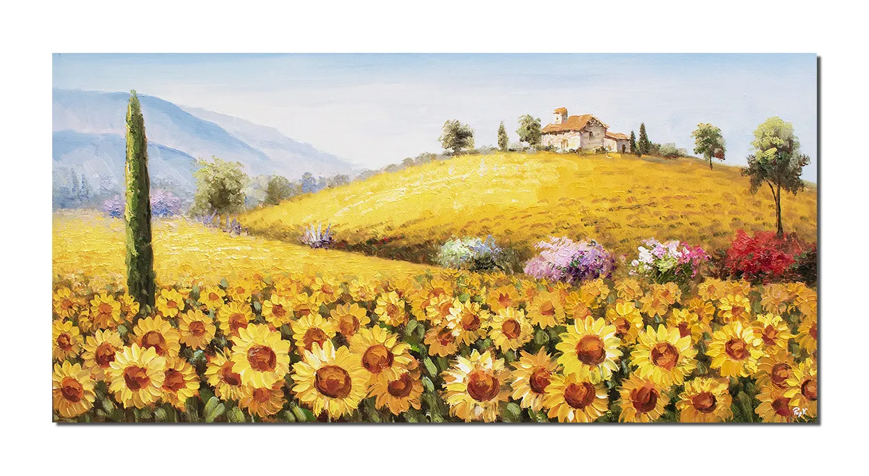 Tablou GIGANT pictat manual living, dormitor, Peisaj cu floarea soarelui, o zi minunata, 140x70cm ulei pe panza in cutit efect 3D