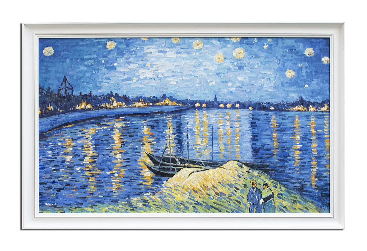 Tablou living inramat pictat manual, Noapte instelata peste Ron, 100x70cm ulei pe panza reproducere Vincent van Gogh