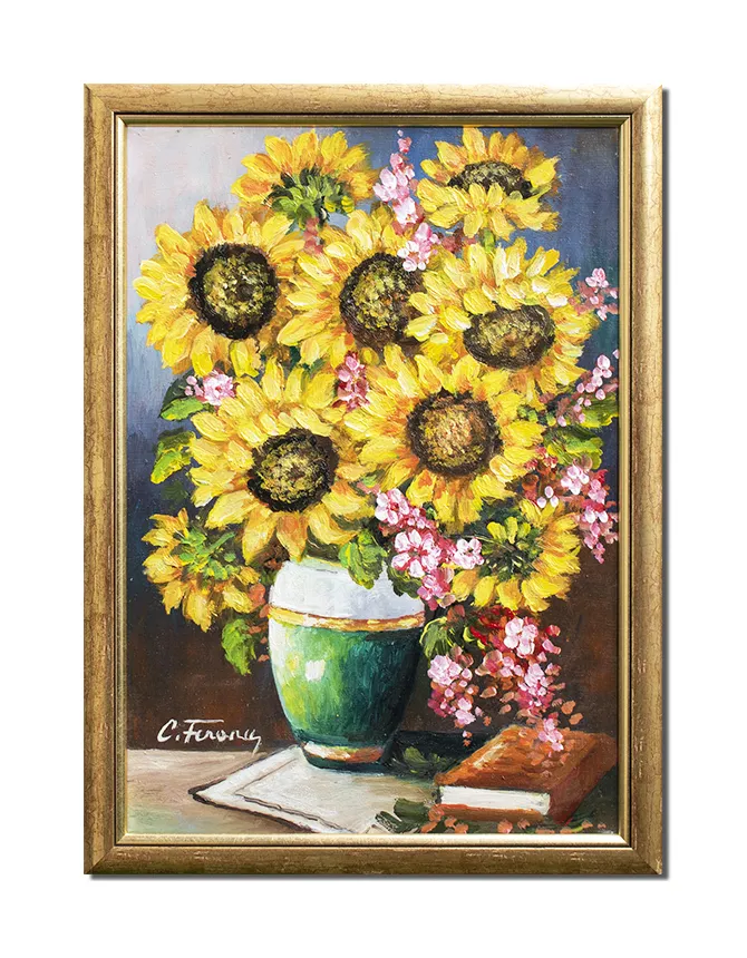Tablou pictat manual inramat, Vaza cu floarea soarelui si carte - 55x40cm ulei pe panza, Elegant