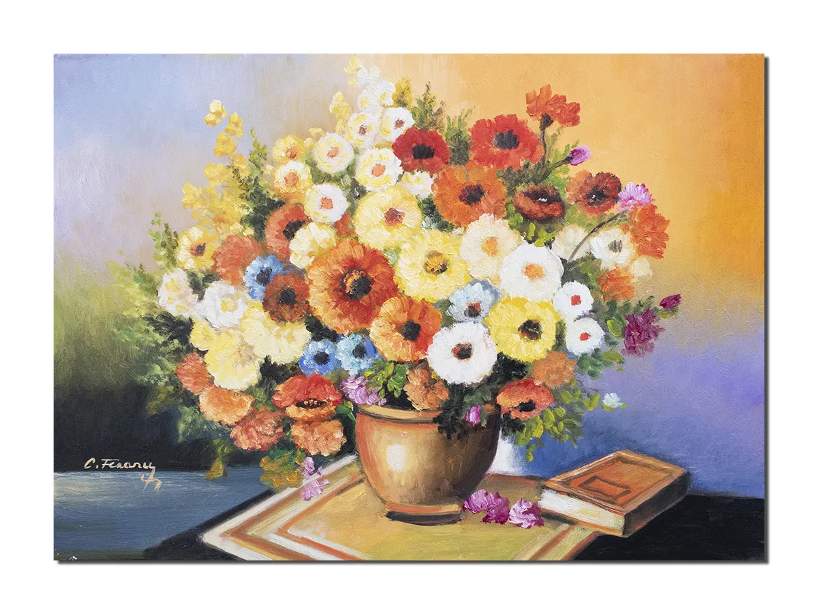 Tablou pictat manual, Vaza cu flori multicolore si carte, poem floral, 70x50cm ulei pe panza, gata de expus pe perete
