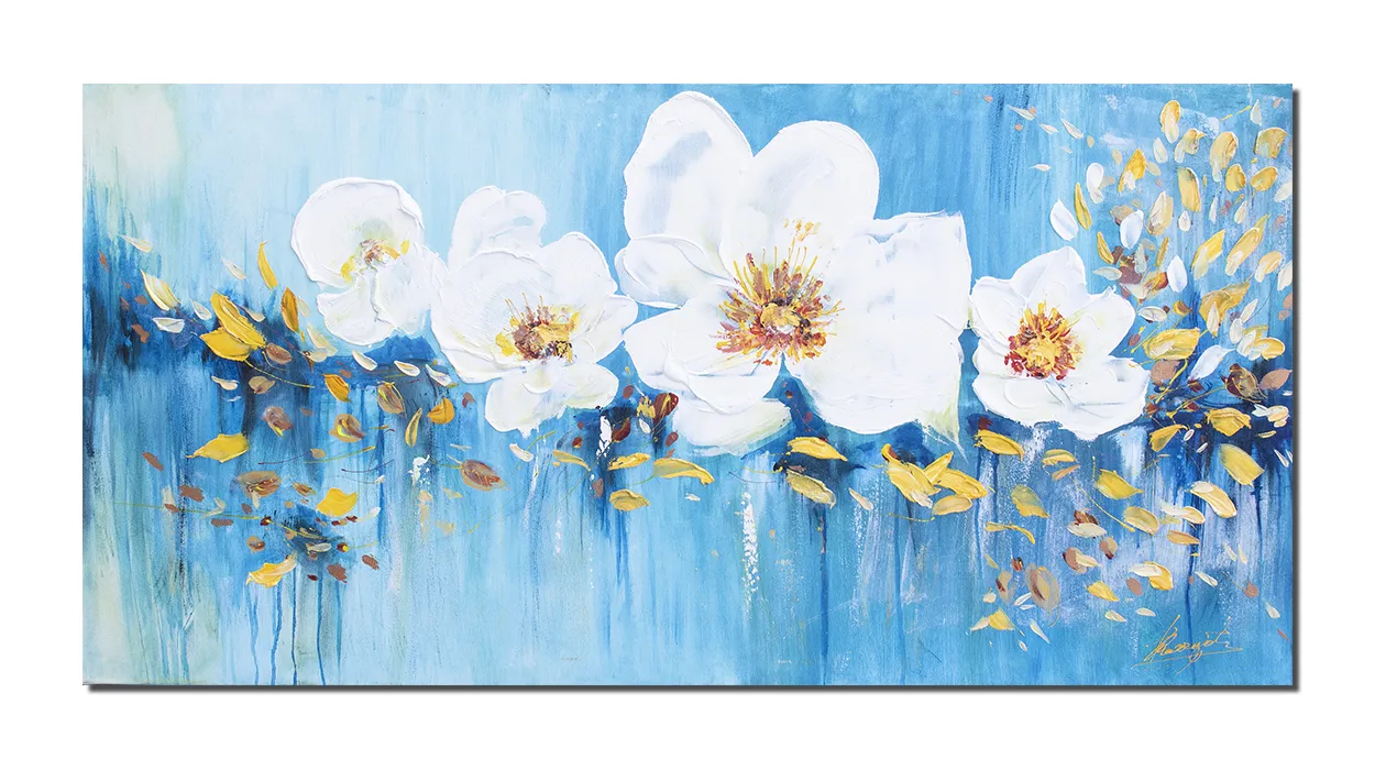 Tablou GIGANT pictat manual, Flori de magnolie, 140x70cm acril pe panza in cutit efect 3D