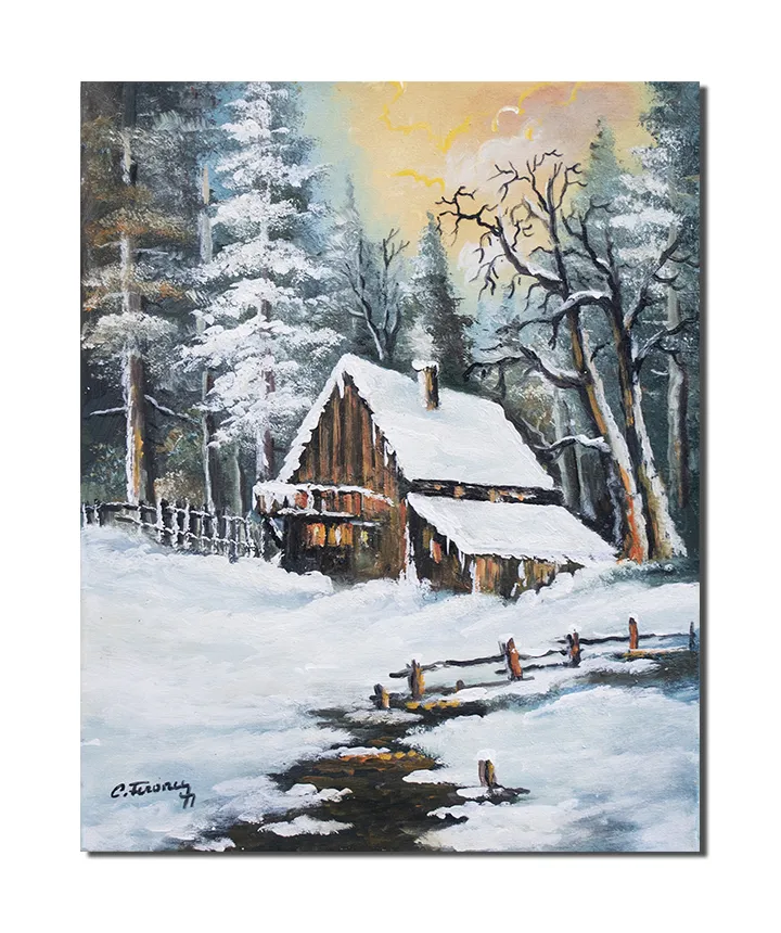Tablou pictat manual hol, living, dormitor, Peisaj de iarna, la cabana din padure, 50x40cm ulei pe panza