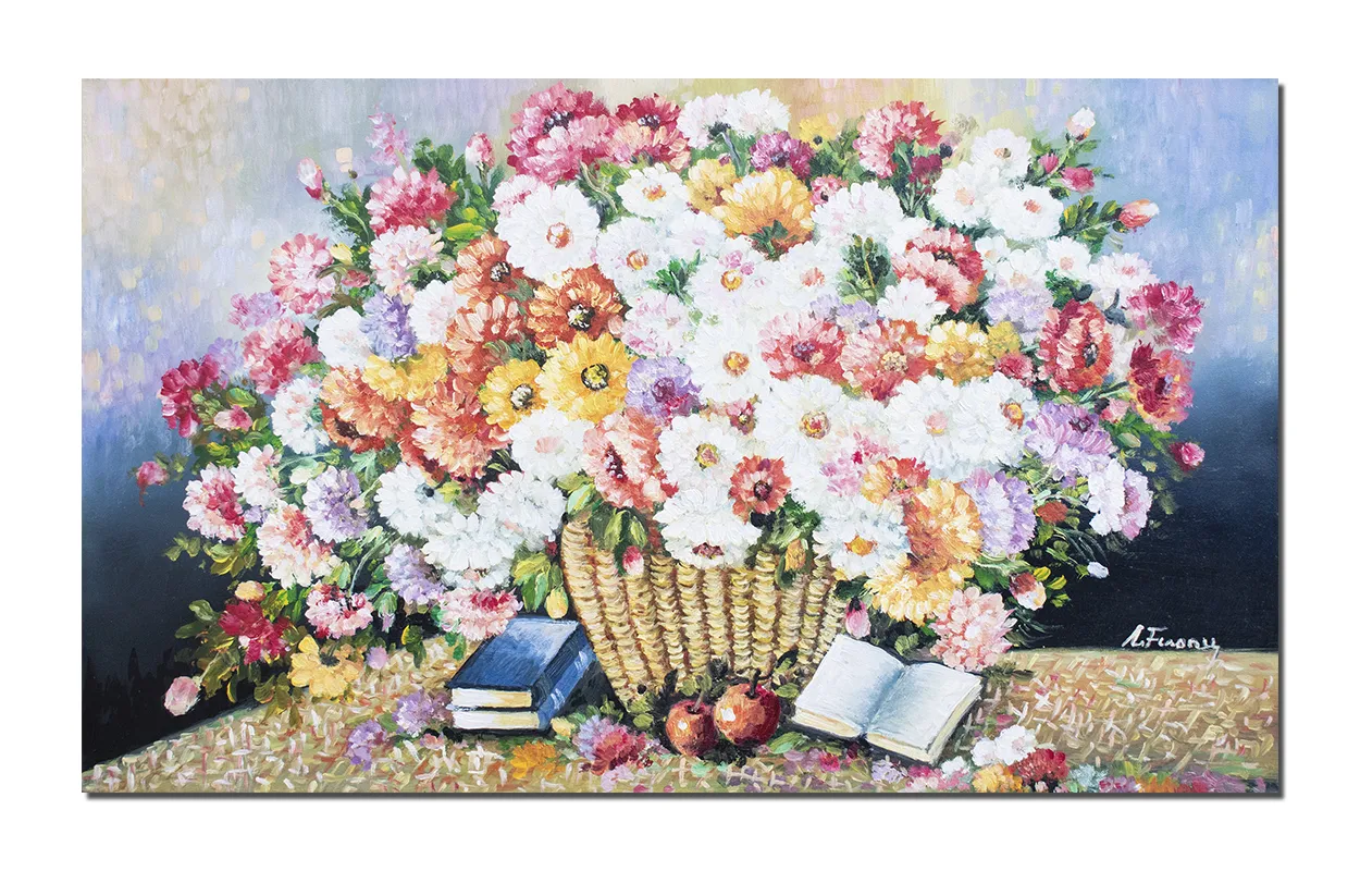 Tablou pictat manual living, dormitor, Cos cu crizanteme si carti, 100x60cm ulei pe panza, gata de expus pe perete