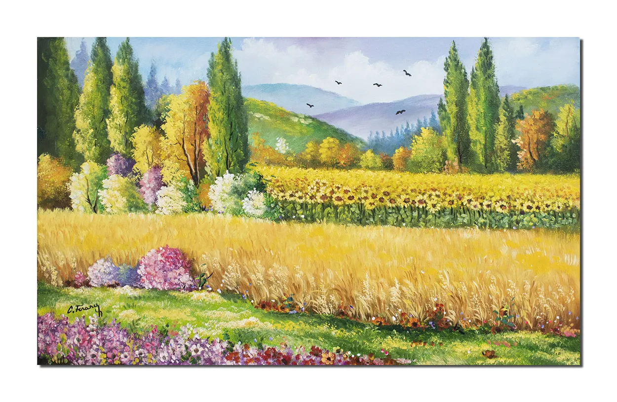 Tablou pictat manual living, dormitor, Peisaj cu lan de grau si floarea soarelui, 100x60cm ulei pe panza