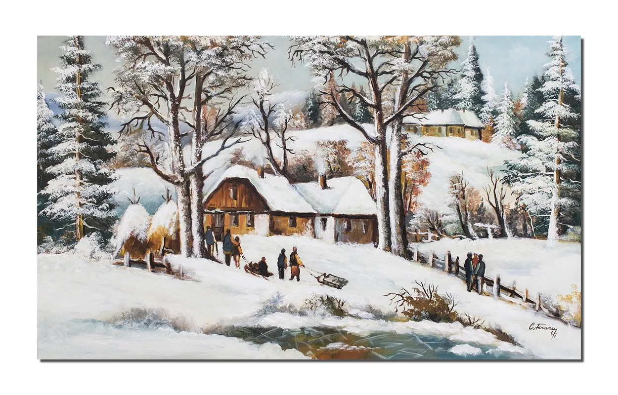 Tablou pictat manual living, Peisaj de iarna, la sanius, 100x60cm ulei pe panza