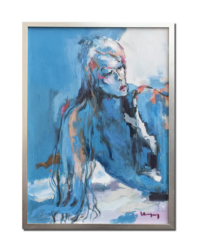 Tablou pictat manual inramat, Lady in blue, 75x55cm pictura ulei panza in cutit cu efect 3D