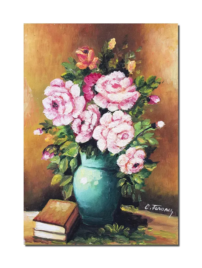 Tablou pictat manual, Vaza cu trandafiri si carti, 50x35cm ulei pe panza,