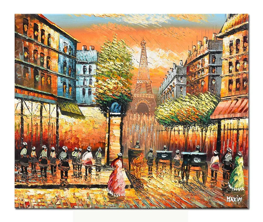 Tablou pictat manual, Paris, scena stradala interbelica, 60x50cm ulei pe panza in cutit efect 3D