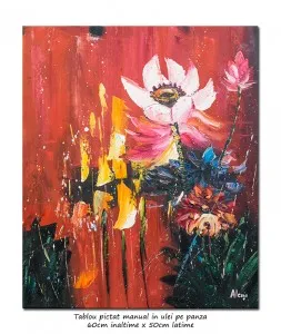 Tablou pictat manual, Floare de lotus, 60x50cm ulei pe panza in cutit efect 3D