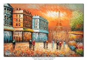 Tablou pictat manual, Paris turnul Eiffel, 90x60cm ulei pe panza in cutit efect 3D,