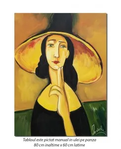 Femeie cu palarie - 80x60cm tablou ulei pe panza - repro Amedeo Modigliani, Superb!