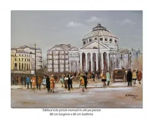 Ateneul, Bucurestiul interbelic - 80x60cm pictura peisaj ulei pe panza, Fabulos!