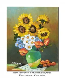 Carafa cu floarea soarelui, maci, margarete si albastrele - 50x40cm ulei pe panza, Magnific!