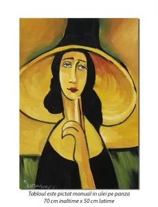 Femeie cu palarie - 70x50cm tablou ulei pe panza - repro Amedeo Modigliani, Superb