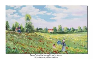 Camp cu maci langa Argenteuil - 100x60cm tablou ulei pe panza, repro Claude Monet, Magistral!