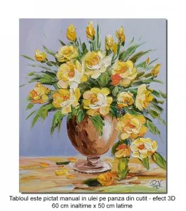Tablou pictat manual, Aranjament floral cutit (10), stilizat - 60x50cm ulei pe panza in cutit efect 3D