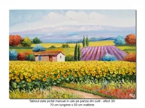 Tablou pictat manual, Peisaj cu floarea soarelui si lavanda - 70x50cm ulei pe panza in cutit, efect 3D, Magnific!