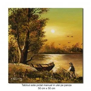 Tablou pictat manual, Apus de soare cu pescar - 50x50cm ulei pe panza