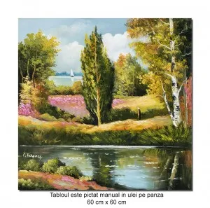 Tablou pictat manual, Peisaj din natura, calmitate - 60x60cm ulei pe panza, Superb!