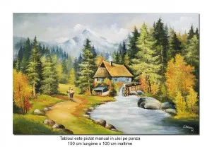 Tablou pictat manual GIGANT - Peisaj de la munte cu moara de apa - 150x100cm ulei pe panza, Fabulos