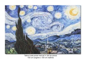 Tablou GIGANT pictat manual, Noapte instelata - 150x100cm ulei pe panza, reproducere Vincent van Gogh, Magistral!