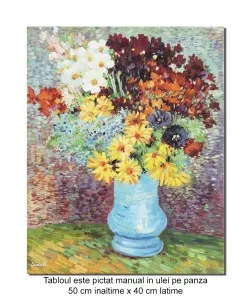 Tablou pictat manual, Flori in vaza albastrÄƒ - 50x40cm ulei pe panza, reproducere Vincent van Gogh