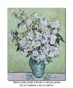 Tablou pictat manual, Trandafiri albi - 50x40cm ulei pe panza, reproducere Vincent van Gogh