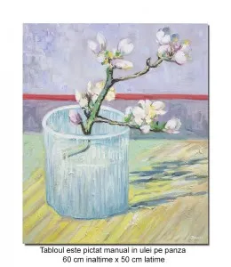 Tablou pictat manual, Creanga de migdal inflorita, in pahar - 60x50cm ulei pe panza - repro Vincent van Gogh (2)