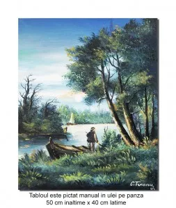 Tablou pictat manual, Peisaj cu pescar si iola - 50x40cm ulei pe panza