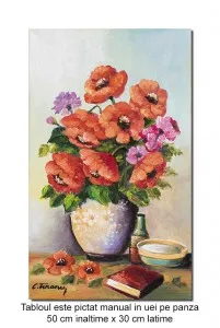 Tablou pictat manual, Vaza cu maci imperiali - 50x30cm ulei pe panza, Fabulos