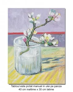 Tablou pictat manual, Creanga de migdal inflorita in pahar - 40x30cm ulei pe panza, repro Vincent van Gogh