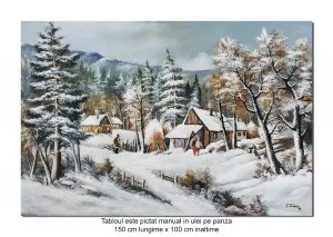 Tablou GIGANT la comanda pictat manual - Peisaj de iarna (2) - 150x100cm ulei pe panza