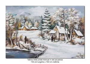 Tablou GIGANT la comanda pictat manual  - Peisaj de iarna - 150x100cm ulei pe panza