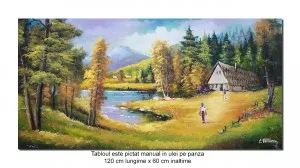 Tablou pictat manual living, Peisaj de la munte - 120x60cm pictura ulei pe panza, Fabulos