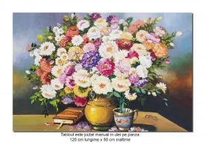 Tablou GIGANT pictat manual living - Vaza cu flori si carte - 120x80cm ulei pe panza, FABULOS!