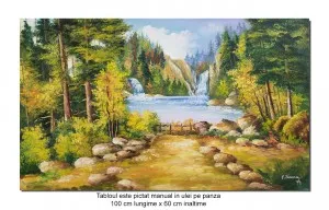Tablou pictat manual, In inima naturii, oaza de liniste, 100x60cm pictura peisaj ulei pe panza