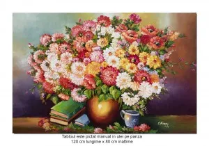 Tablou pictat manual GIGANT living, Bucuria florilor, 120x80cm ulei pe panza, FABULOS!
