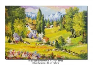 Tablou GIGANT pictat manual, Peisaj de la munte, plaiuri mioritice, 120x80cm ulei pe panza