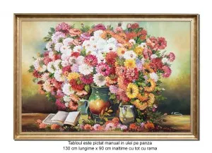 Tablou pictat manual GIGANT inramat, Aranjament floral, bucuria florilor - 130x90cm ulei pe panza, Magistral