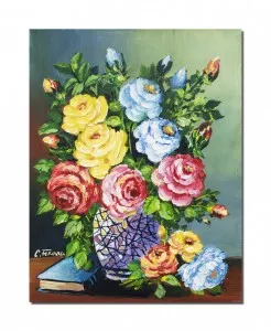 Tablou pictat manual, Vaza cu trandafiri si carte, 45x35cm pictura ulei pe panza