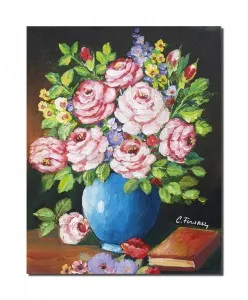 Tablou pictat manual, Vaza cu trandafiri si carte, 45x35cm pictura ulei pe panza, Superb