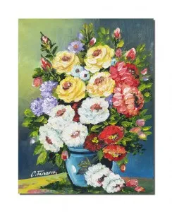 Tablou pictat manual, Parfum de sarbatoare, vaza cu flori, 45x35cm pictura ulei pe panza