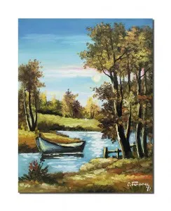 Tablou pictat manual, Peisaj din natura cu barca, oaza de liniste, 45x35cm pictura ulei pe panza