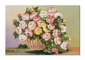 Tablou pictat manual, Cos cu trandafiri, 60x40cm pictura ulei pe panza, elegant